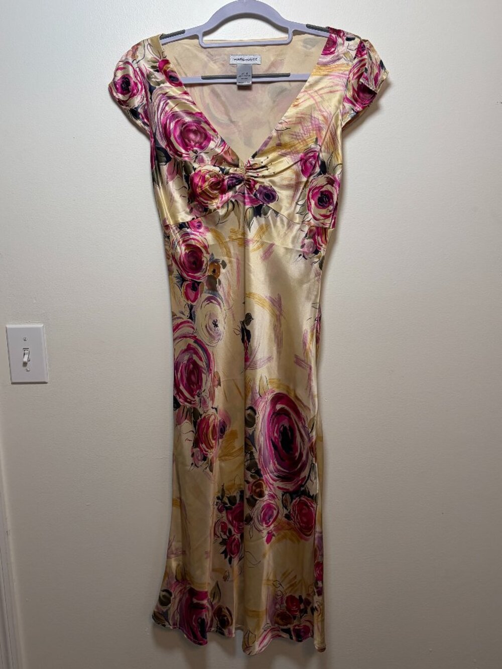 VINTAGE Warehouse 100% Silk Pink Butter Yellow Floral Y2K Beaded Dress Size 6 US